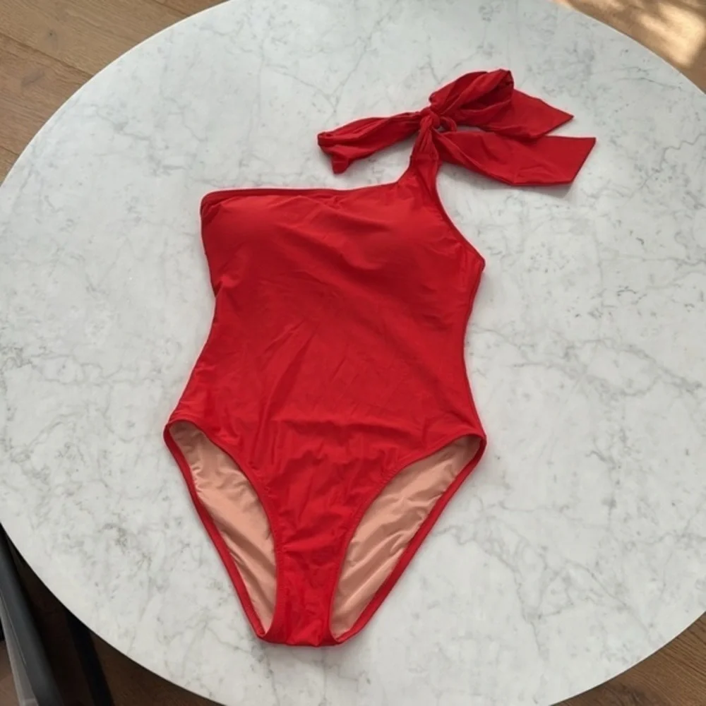 J.Crew One Shoulder Bow Tie One Piece Swimsuit Red Cerise Women’s Size 8